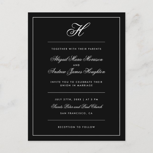 Postal De Invitación Elegante Boda De Escritura De Monograma Blanco Y N (Anverso)