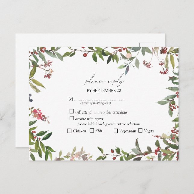 Postal De Invitación Elegante Boda de Flor Silvestre de Invierno RSVP (Anverso / Reverso)