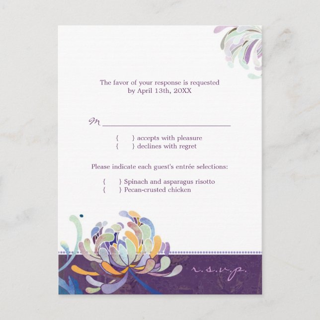 Postal De Invitación Elegante Boda de Floral Púrpura Elección RSVP (Anverso)