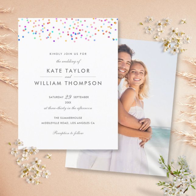 Postal De Invitación Elegante Boda de fotografía moderno Rainbow Confet (Subido por el creador)