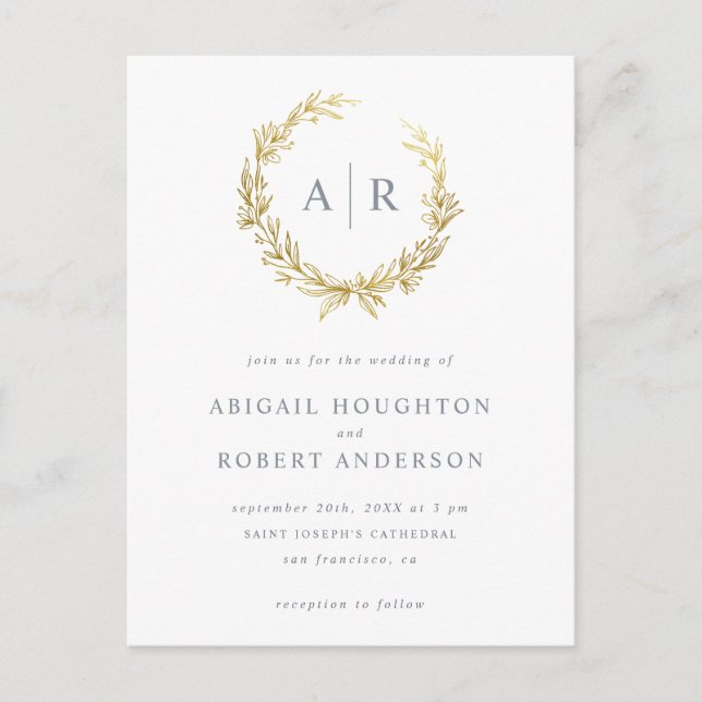 Postal De Invitación Elegante Boda de Iniciales Wreath dibujadas a mano (Anverso)