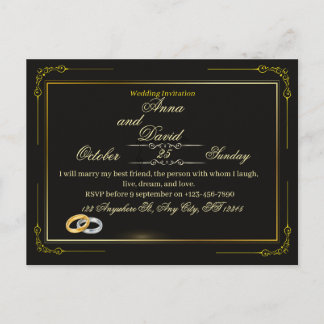 Postal De Invitación Elegante Boda de Lujo Negra y Dorada Ornamentada