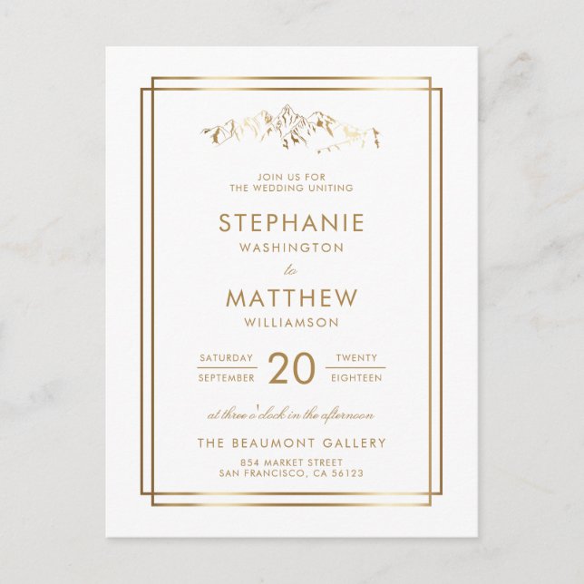 Postal De Invitación Elegante Boda de Montaña Blanca y de Oro (Anverso)