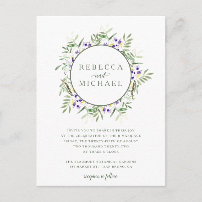 Postal De Invitación Elegante Boda de Wreath Wisteria (Anverso)