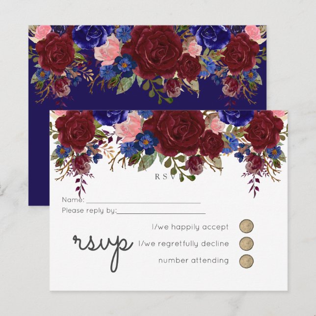 Postal De Invitación Elegante Boda Floral Azul Borgoña Presupuesto RSVP (Anverso / Reverso)
