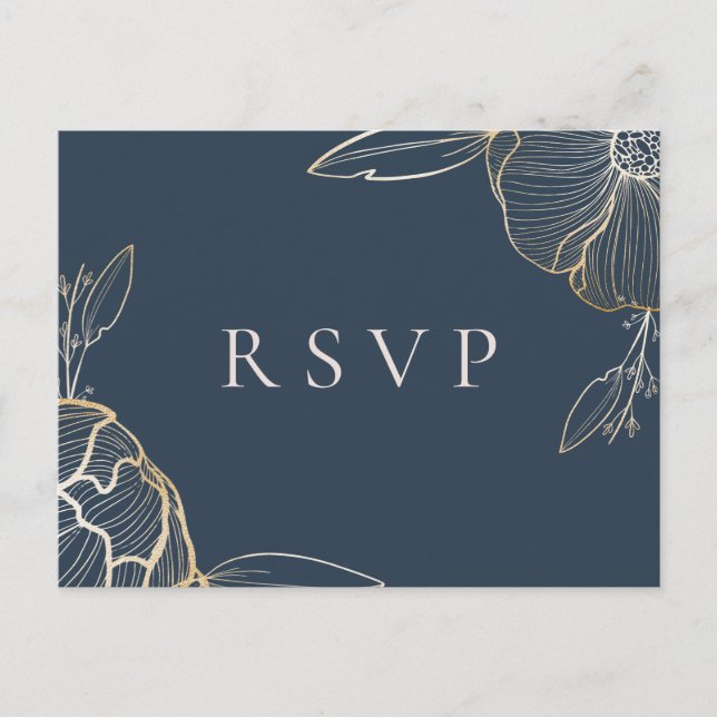 Postal De Invitación Elegante Boda Floral Botánico en Oro RSVP (Anverso)