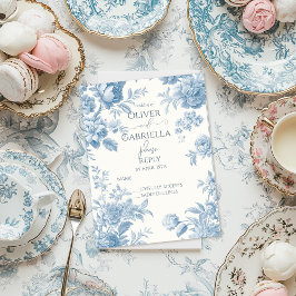Postal De Invitación Elegante Boda francés de tela azul floral RSPV
