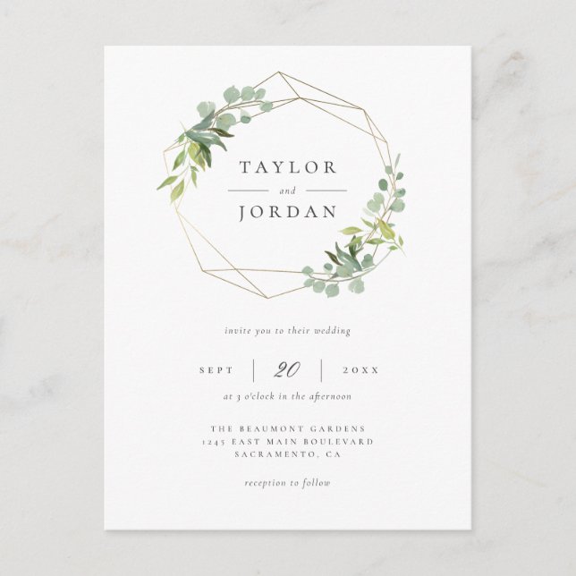 Postal De Invitación Elegante Boda Geométrico Eucalyptus Greenery (Anverso)