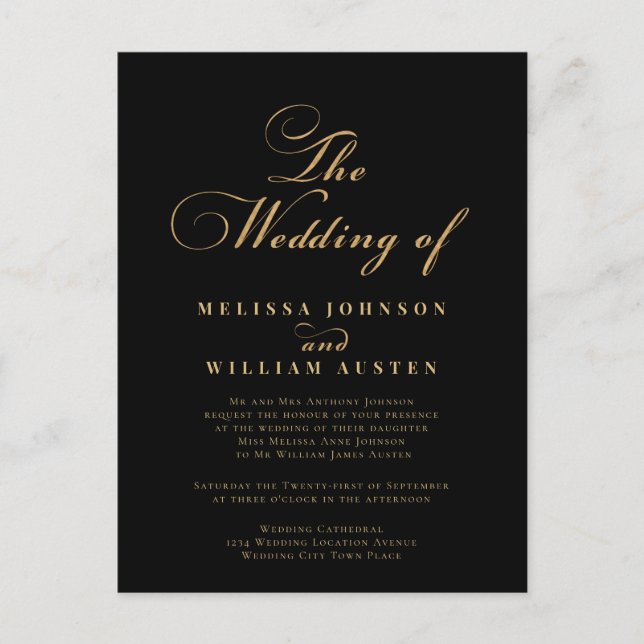 Postal De Invitación Elegante Boda negro dorado (Anverso)