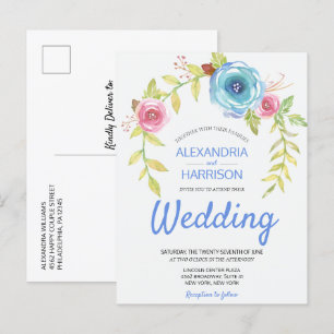 Postal De Invitación Elegante Boho Blue Rosa Floral Arch Wedding Invita