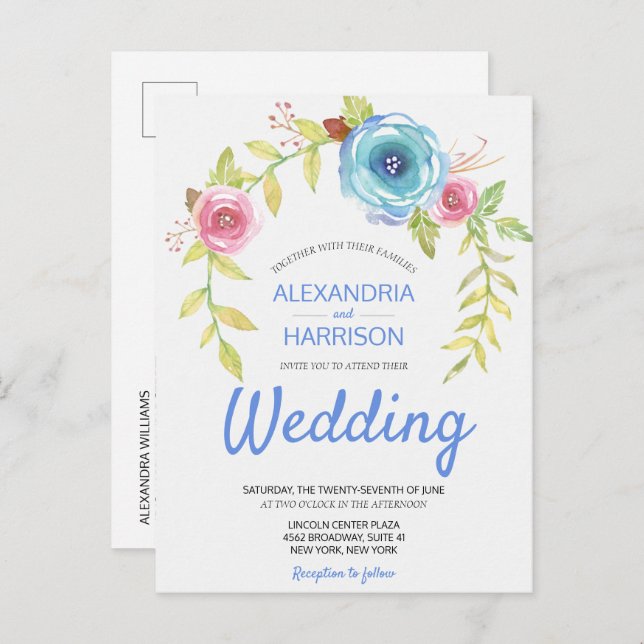 Postal De Invitación Elegante Boho Blue Rosa Floral Arch Wedding Invita (Anverso / Reverso)