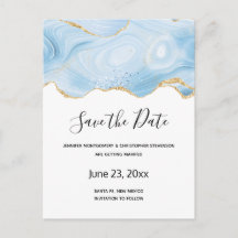 Elegante borde azul y oro agate Save the Date