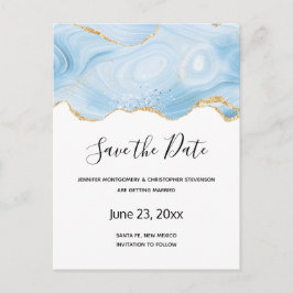Postal De Invitación Elegante borde azul y oro agate Save the Date