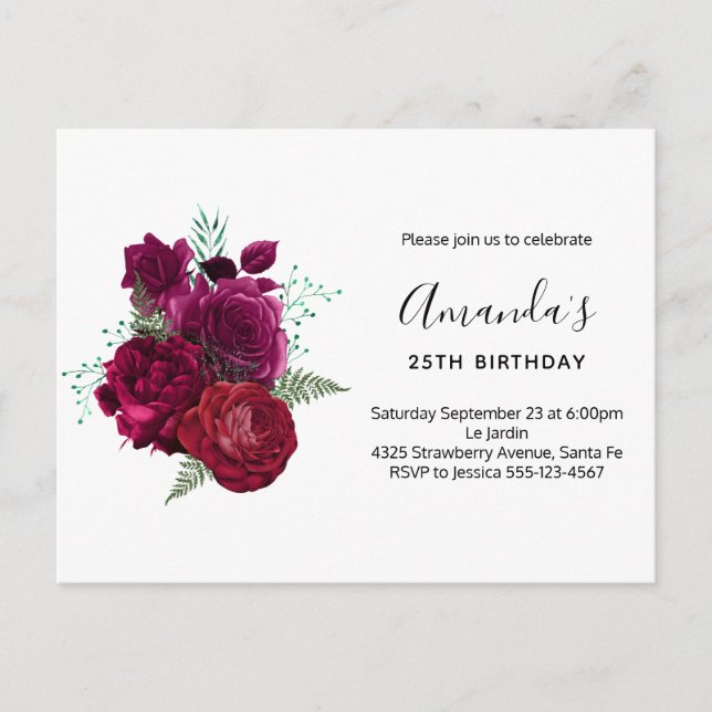 Postal De Invitación Elegante Bouquet Magenta Rosa Floral (Anverso)