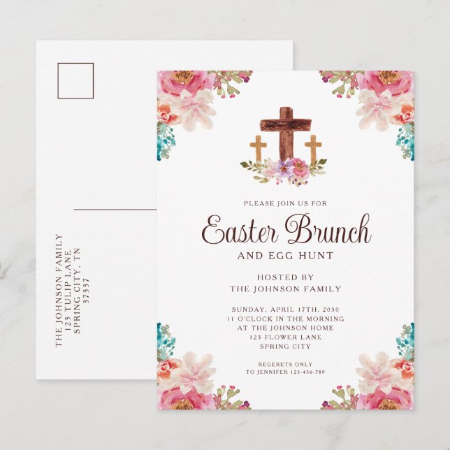 Postal De Invitación Elegante Brunch Floral Cross Easter (Anverso / Reverso)