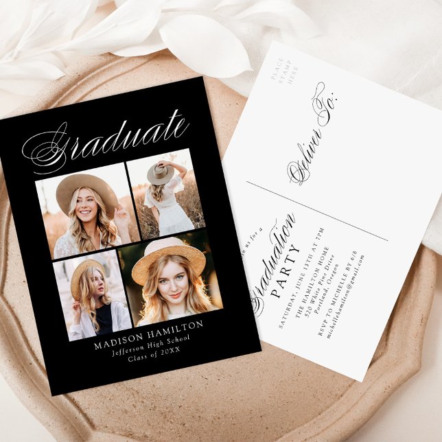 Postal De Invitación Elegante caligrafía Black 4 Photo Graduation Party (Subido por el creador)