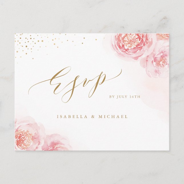 Postal De Invitación Elegante caligrafía oro y floral rugoso RSVP (Anverso)