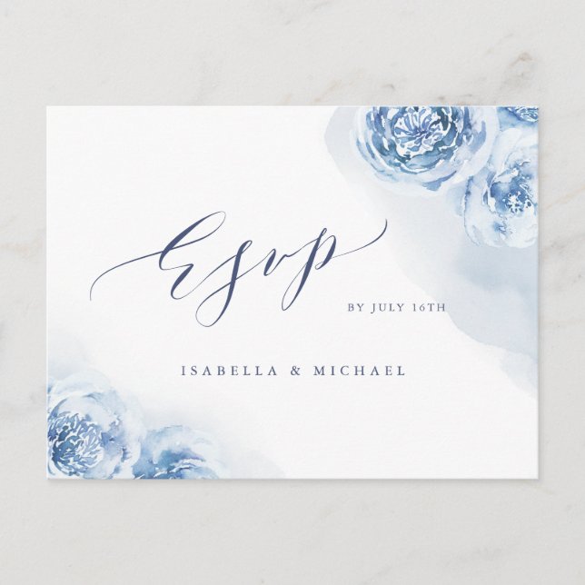 Postal De Invitación Elegante caligrafía polvoriento azul floral RSVP (Anverso)