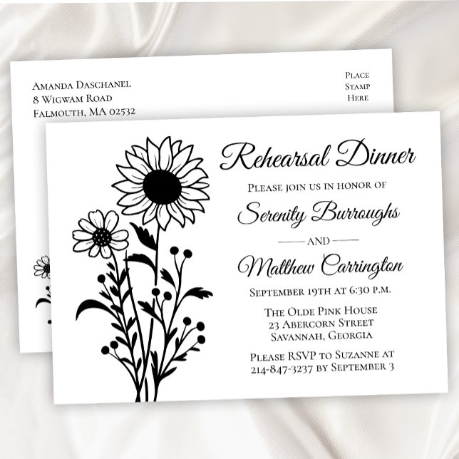 Postal De Invitación Elegante cena de ensayo de blanco negro floral (Subido por el creador)