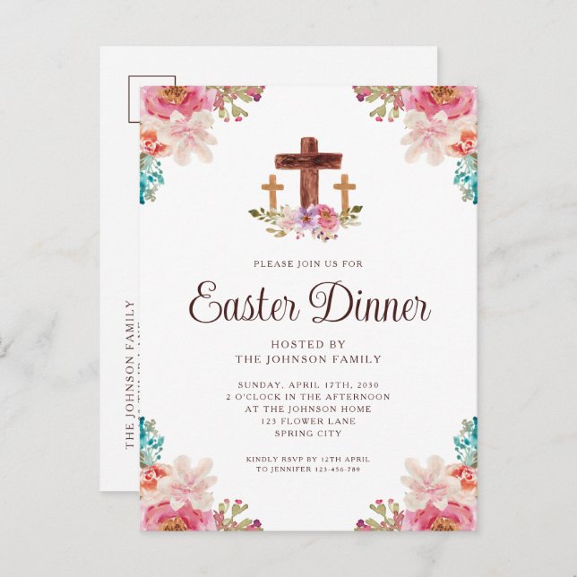 Postal De Invitación Elegante cena de Pascua de la Cruz Floral (Anverso / Reverso)