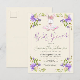 Postal De Invitación Elegante Chica morado floral y conejito Baby Showe