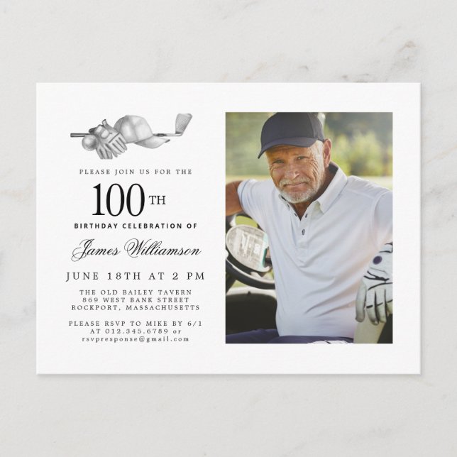 Postal De Invitación Elegante Classic Golf 100th Birthday Party Photo (Anverso)