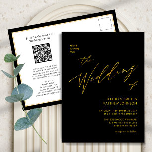 Postal De Invitación Elegante código QR de oro negro todo en un Boda de