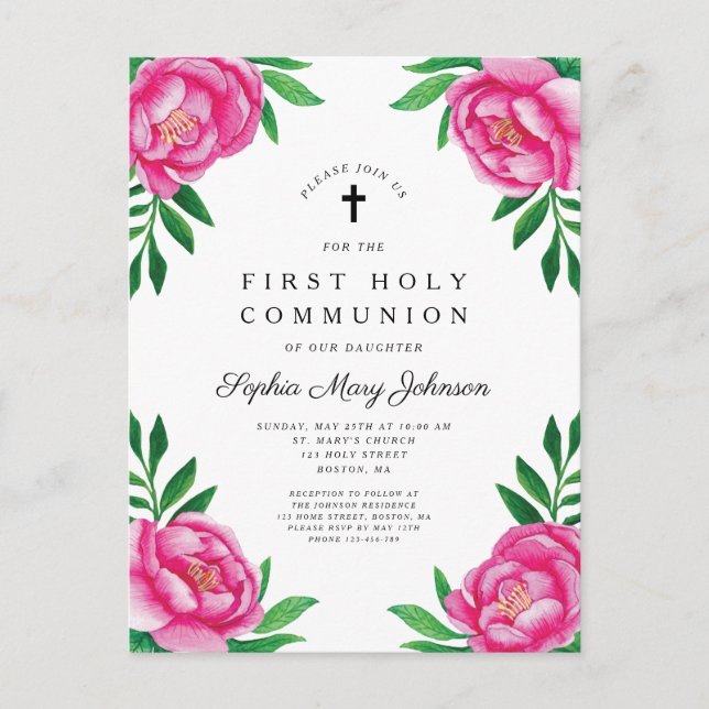 Postal De Invitación Elegante Comunión floral de acuarela rosa (Anverso)