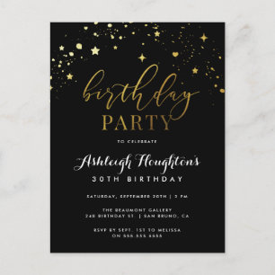 Postal De Invitación Elegante Confetti Estrella Negra y Oro Cumpleaños