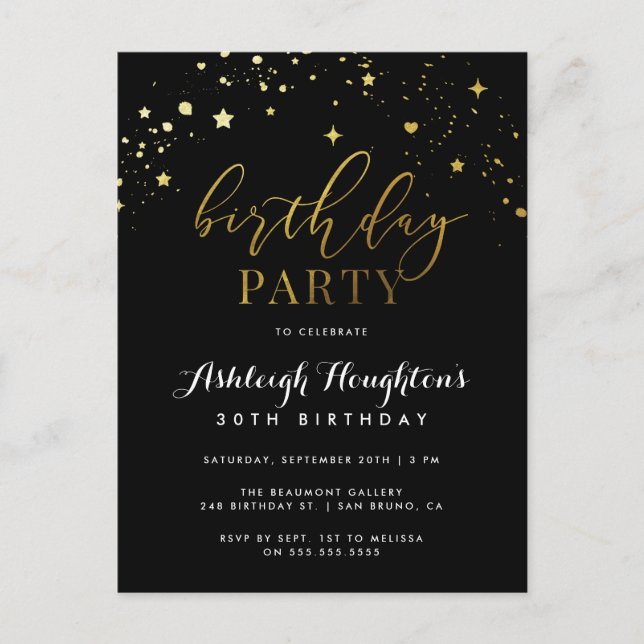 Postal De Invitación Elegante Confetti Estrella Negra y Oro Cumpleaños (Anverso)