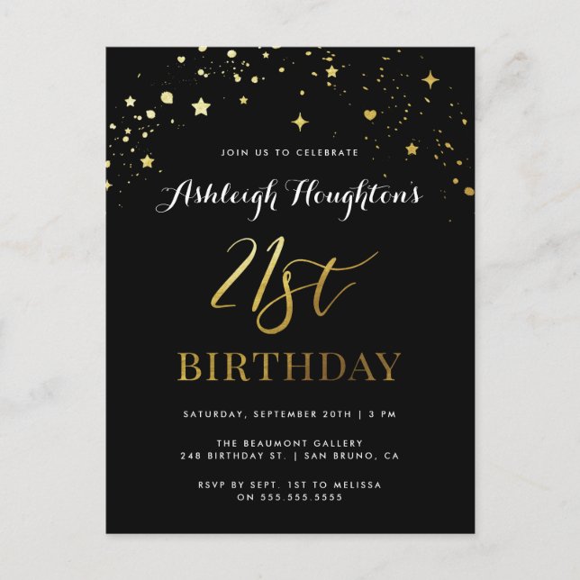 Postal De Invitación Elegante Confetti Negro y Oro 21 cumpleaños (Anverso)