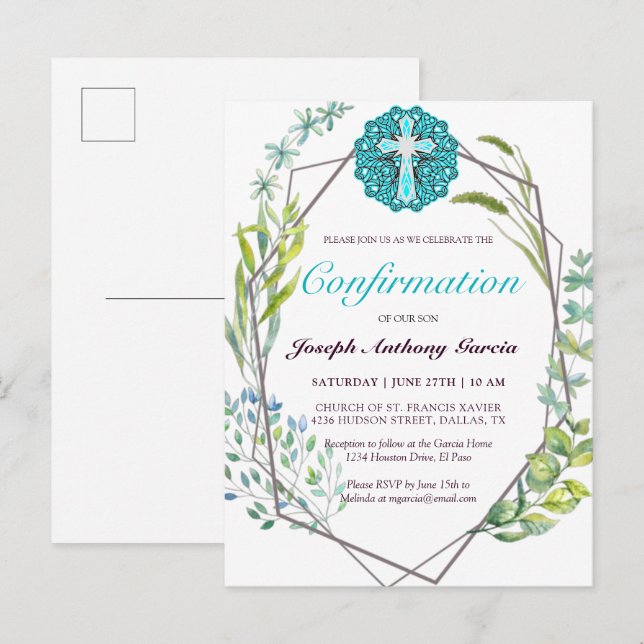 Postal De Invitación Elegante confirmación floral botánica de la Cruz A (Anverso / Reverso)