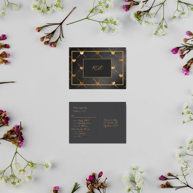 Postal De Invitación Elegante Corazones Negro y Oro RSVP (Subido por el creador)
