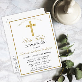 Postal De Invitación Elegante Cruz Simple De Oro Primero Santa Comunión