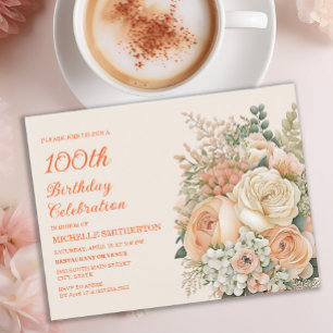 Postal De Invitación Elegante Cumpleaños 100 Floral Color Crema Melocot