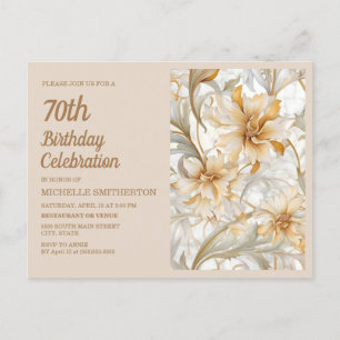 Postal De Invitación Elegante Cumpleaños 70 Floral Beige Dorado