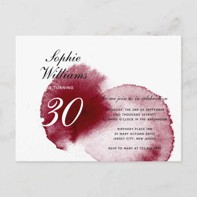 Postal De Invitación Elegante derrame de vino rojo moderno otoño 30 cum (Anverso)