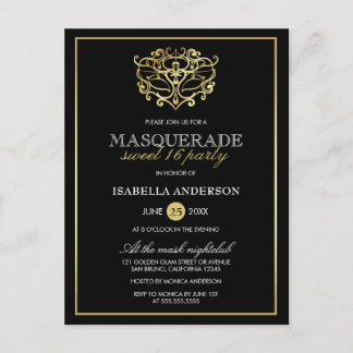 Postal De Invitación Elegante dorado y dulce de máscaras negras 16 Fies
