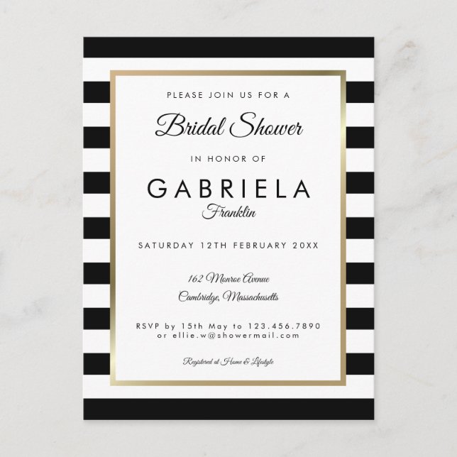 Postal De Invitación Elegante ducha de novia dorada en franja negra (Anverso)