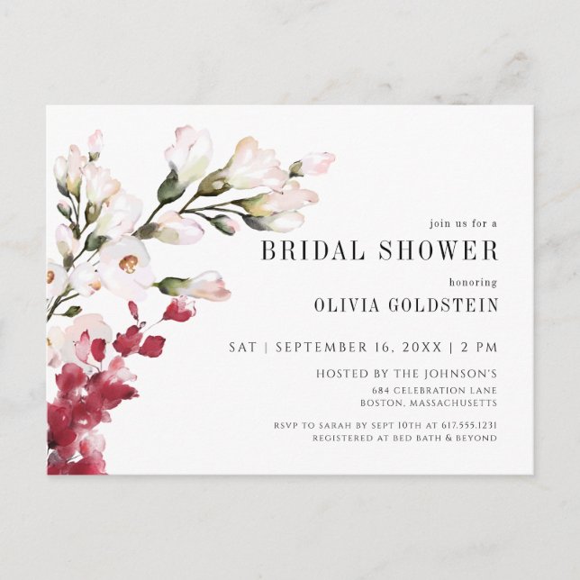 Postal De Invitación Elegante ducha de novia floral rosa Rubor (Anverso)