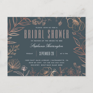 Postal De Invitación Elegante ducha de novias Blue & Rosa Gold Meadow