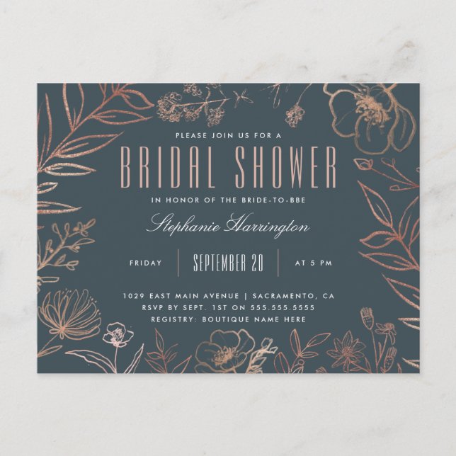Postal De Invitación Elegante ducha de novias Blue & Rosa Gold Meadow (Anverso)