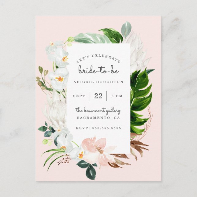 Postal De Invitación Elegante ducha de novias Rubor & Tropical Greenery (Anverso)