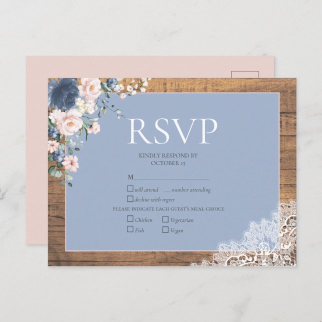 Postal De Invitación Elegante Dusty Azul Rubor Floral Lace Wedding RSVP (Anverso / Reverso)