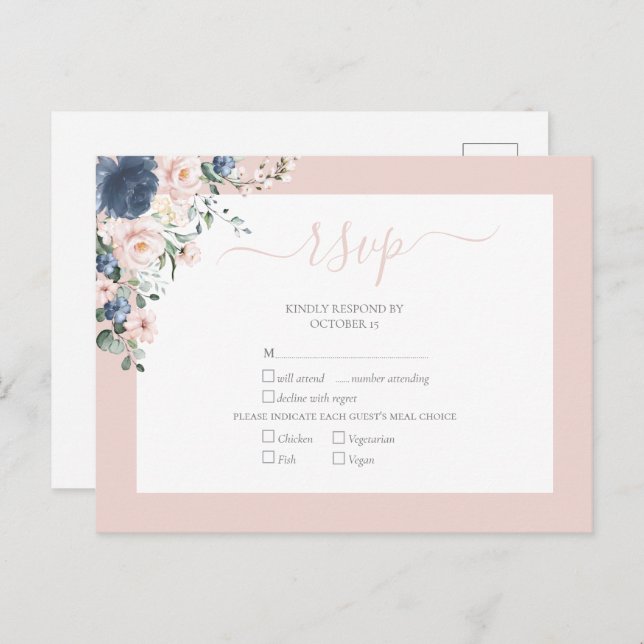 Postal De Invitación Elegante Dusty Blue Rubor Lace Script RSVP (Anverso / Reverso)