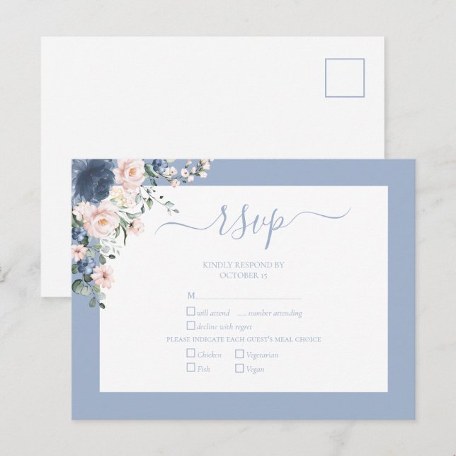 Postal De Invitación Elegante Dusty Blue Rubor Lace Script RSVP (Anverso / Reverso)