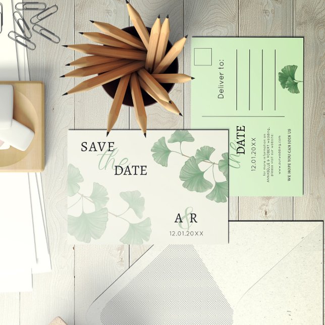 Postal De Invitación Elegante Dusty Green Ginkgo Floral Salvar la fecha (Subido por el creador)