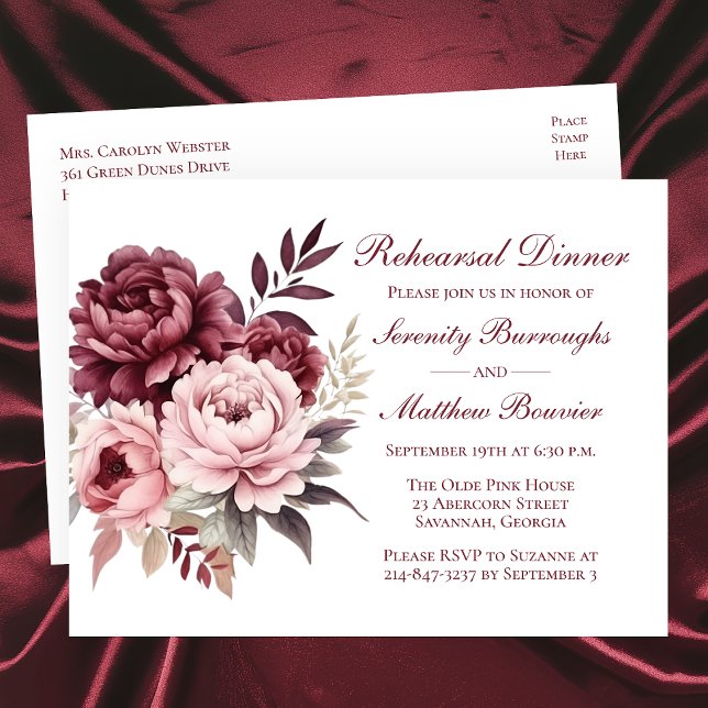 Postal De Invitación Elegante ensayo de Boda de Borgoña Peony floral (Subido por el creador)