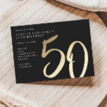 Postal De Invitación Elegante estilo de oro moderno tipo 50 cumpleaños<br><div class="desc">La minimalista y moderna invitación a la fiesta de cumpleaños número 50 incluye el elegante Relieve metalizado de oro falso número manuscrito 50 y los detalles de su fiesta en el clásico tipo de letra serif en color de fondo negro, simple y elegante, gran sorpresa invitación de cumpleaños para adultos...</div>