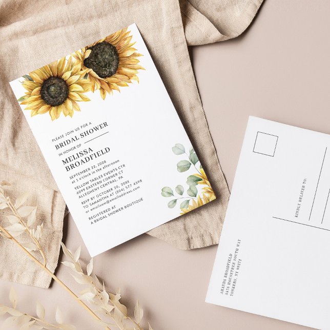Postal De Invitación Elegante Eucalyptus Foliage Sunflower Bridal Showe (Sunflower Eucalyptus Floral Bridal Shower Party Invitation Postcard)